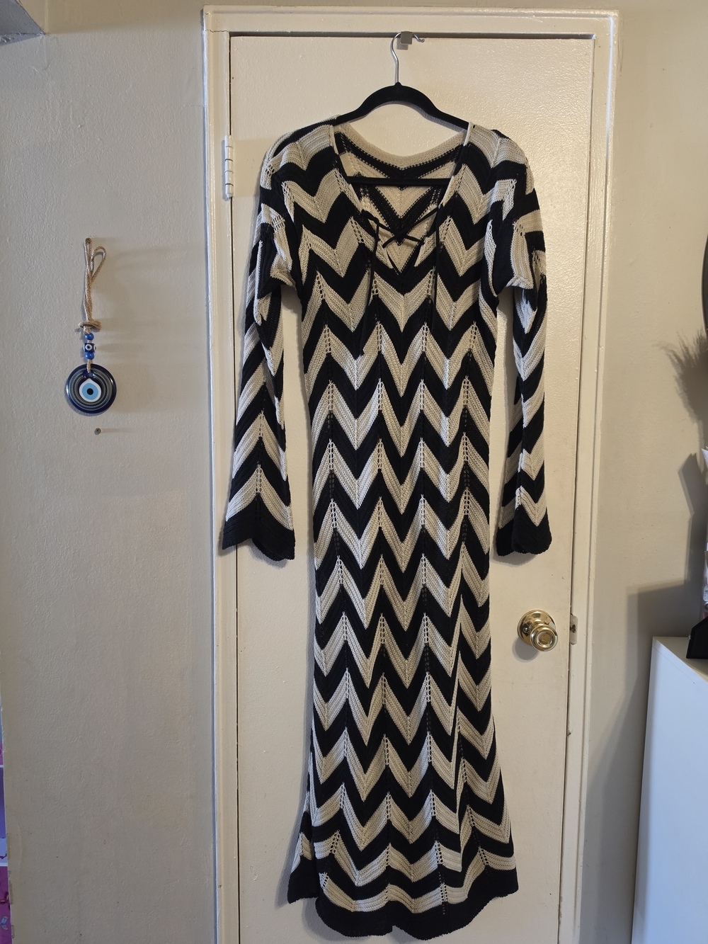 Long Black & Cream Handmade Knit Dress - Women